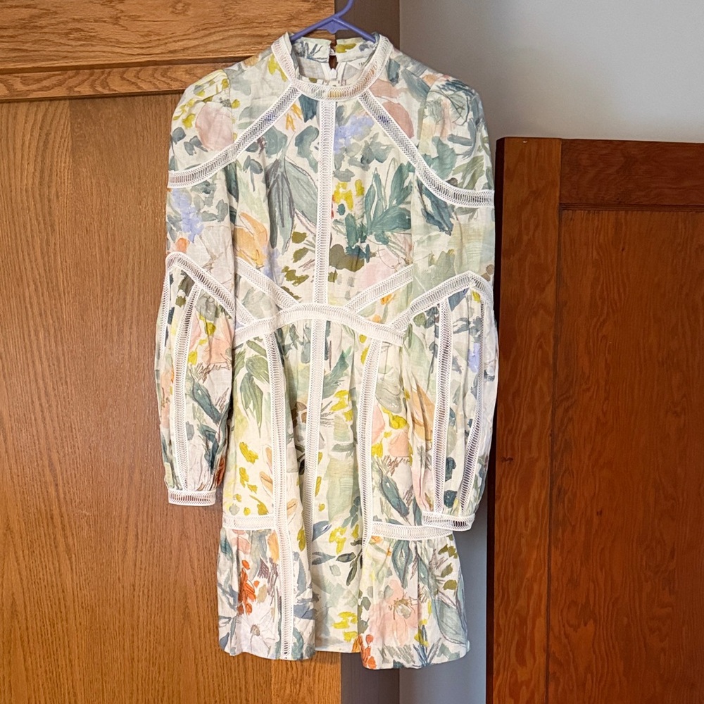 Ted Baker London White Floral Lace-Panel Long Sleeve Mini Dress